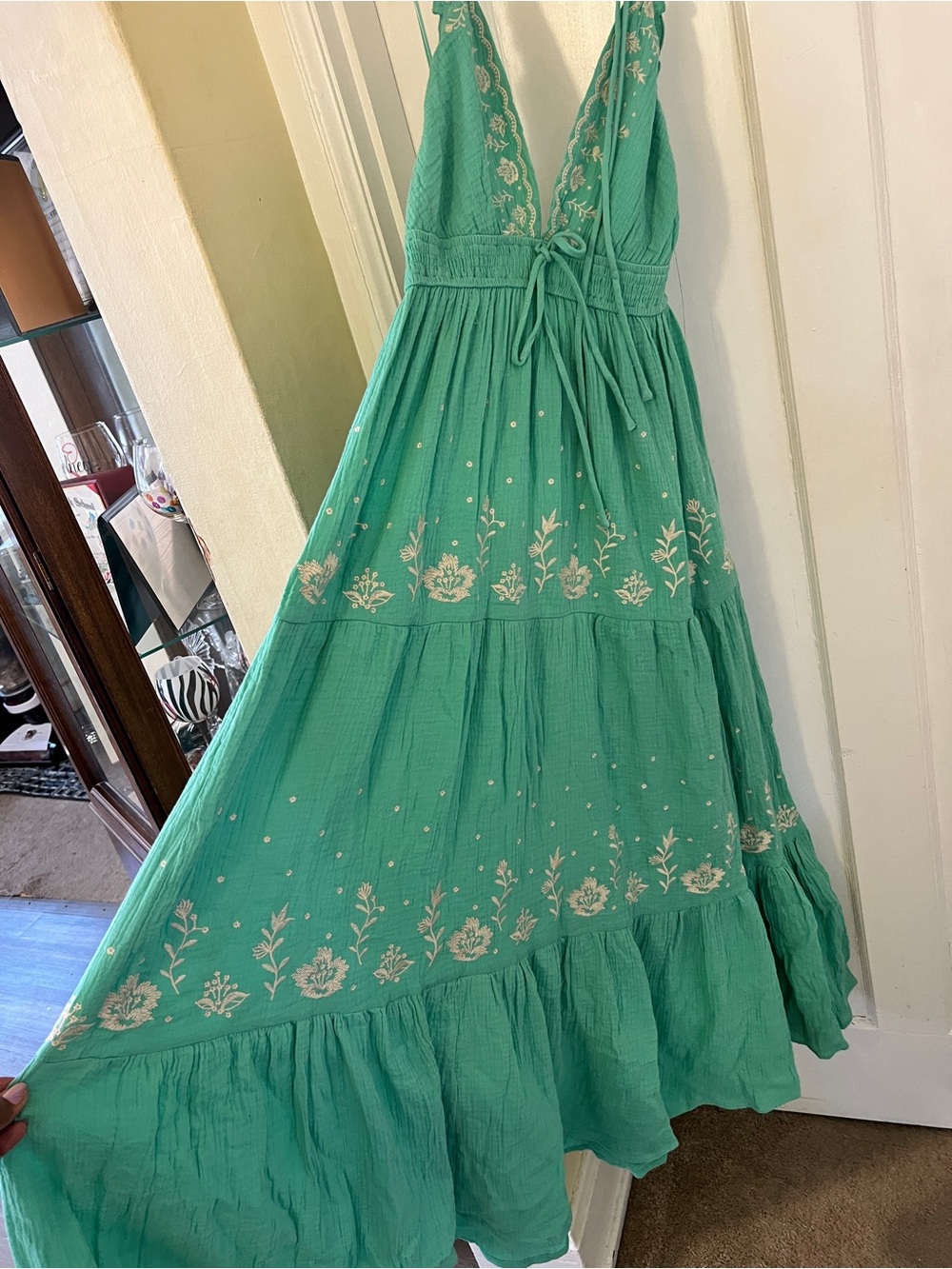 Green Embroidered V-Neck Maxi Dress